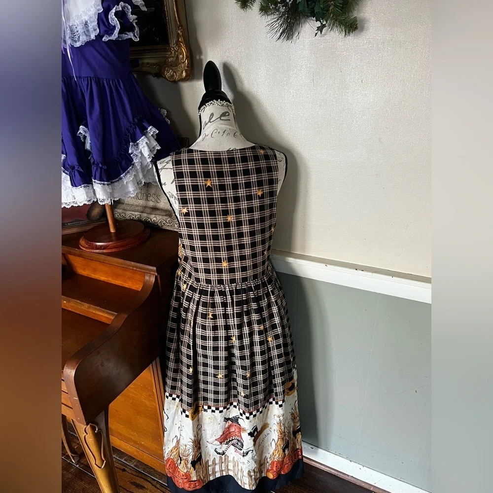 🧡 Rare Vintage Handmade Halloween Witch Black Cat Pumpkin Harvest Dress M - Picture 5 of 8